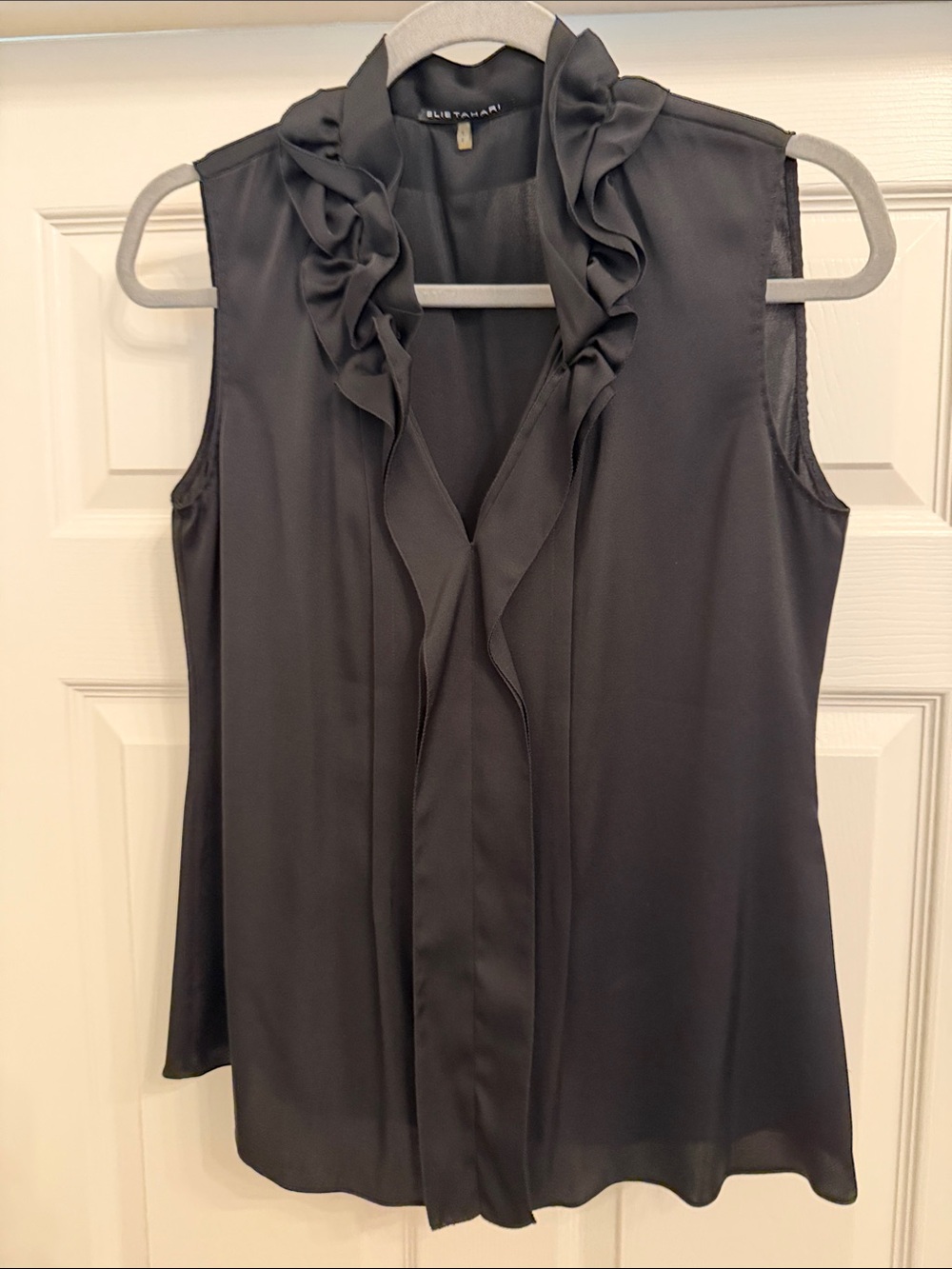 Elie Tahari Black Sleeveless Ruffle-Trim Silk Camisole